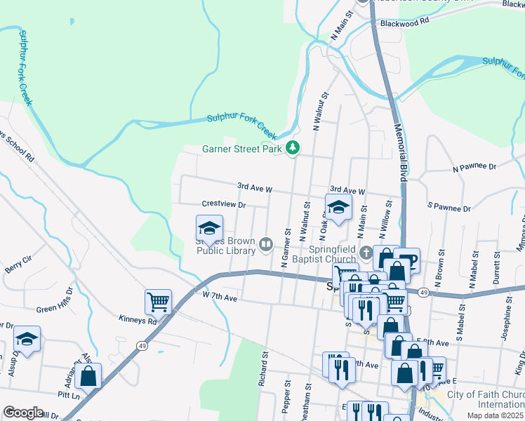 map of restaurants, bars, coffee shops, grocery stores, and more near 300 North Boren Street in Springfield