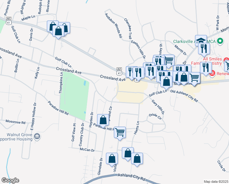 map of restaurants, bars, coffee shops, grocery stores, and more near 350 Robert S. Brown Drive in Clarksville