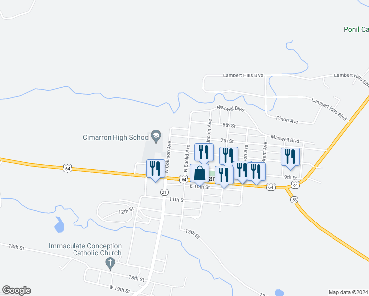 map of restaurants, bars, coffee shops, grocery stores, and more near 321 North Euclid Avenue in Cimarron