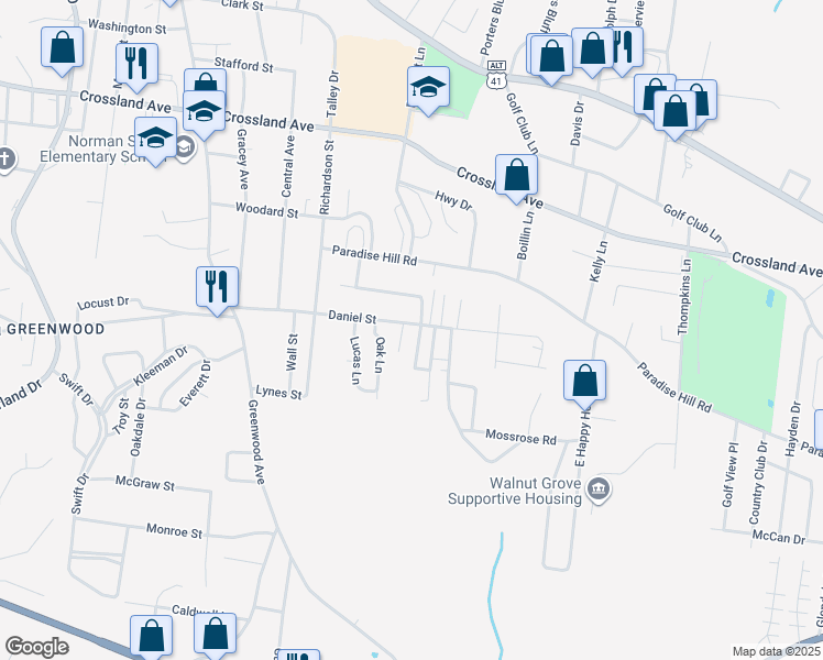 map of restaurants, bars, coffee shops, grocery stores, and more near 1270 Daniel Street in Clarksville