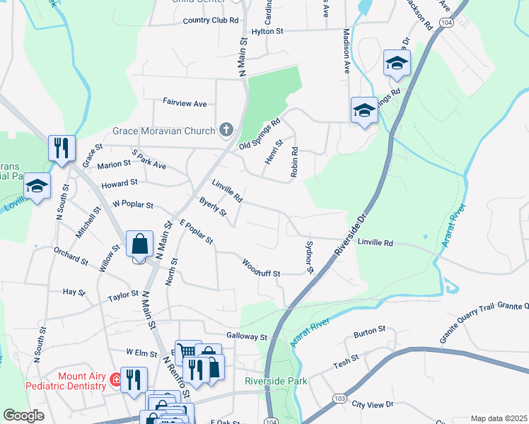 map of restaurants, bars, coffee shops, grocery stores, and more near 332 Linville Road in Mount Airy