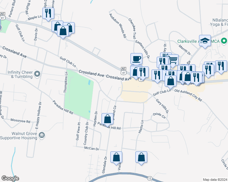 map of restaurants, bars, coffee shops, grocery stores, and more near 350 Robert S. Brown Drive in Clarksville