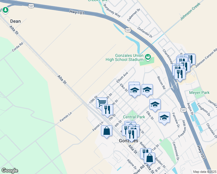 map of restaurants, bars, coffee shops, grocery stores, and more near 947 Day Street in Gonzales