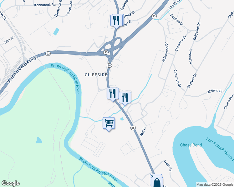 map of restaurants, bars, coffee shops, grocery stores, and more near 3025 Tennessee 36 in Kingsport