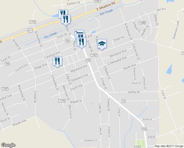map of restaurants, bars, coffee shops, grocery stores, and more near 203 South Fieldcrest Road in Eden