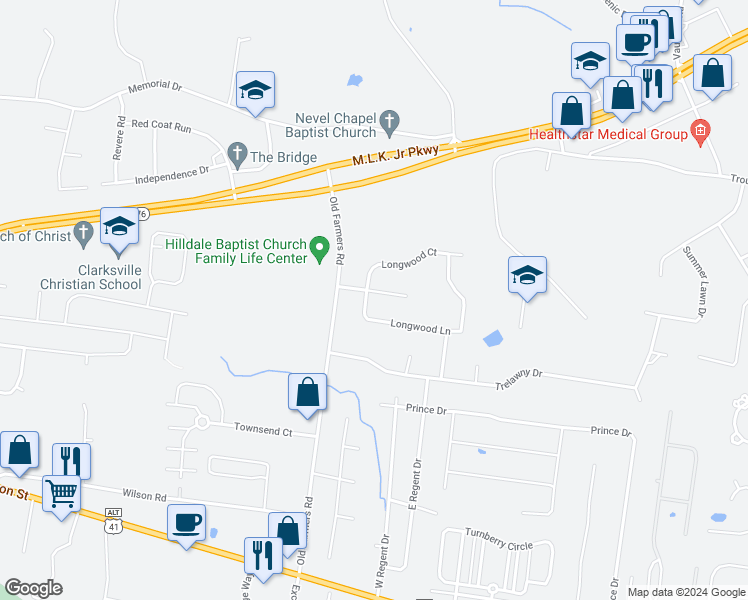 map of restaurants, bars, coffee shops, grocery stores, and more near 2704 Runnymeade Drive in Clarksville