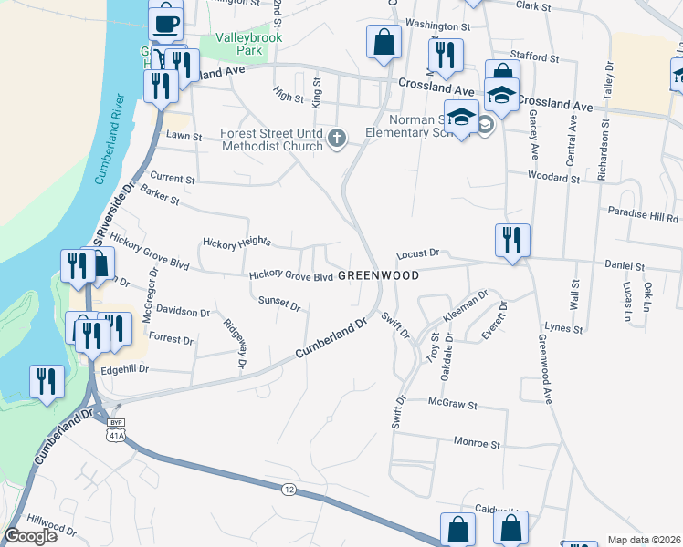 map of restaurants, bars, coffee shops, grocery stores, and more near 420 Hickory Grove Boulevard in Clarksville
