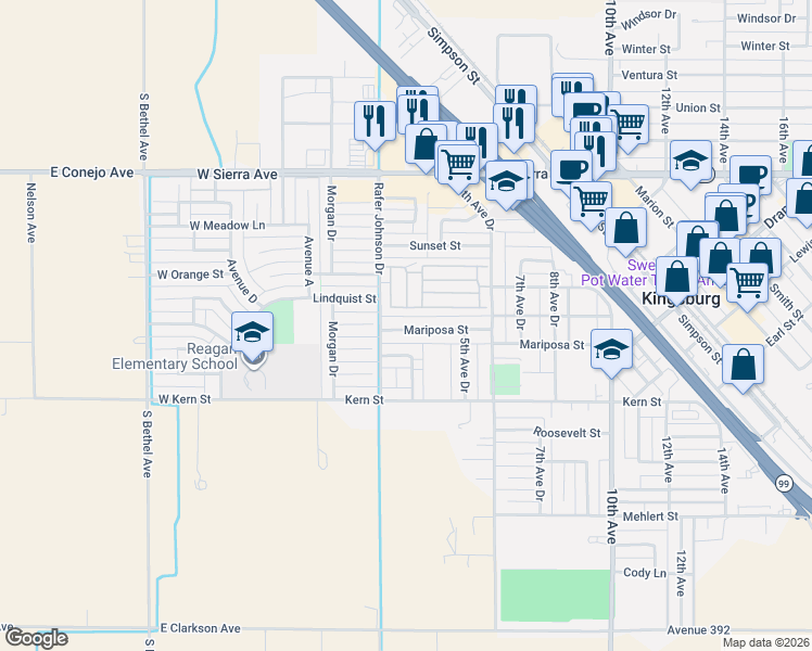 map of restaurants, bars, coffee shops, grocery stores, and more near 261 Mariposa Street in Kingsburg