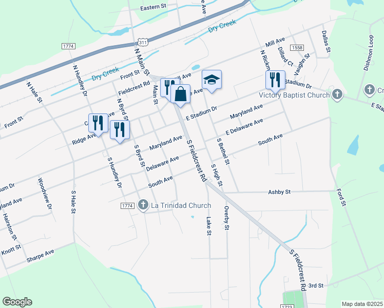 map of restaurants, bars, coffee shops, grocery stores, and more near 203 South Fieldcrest Road in Eden