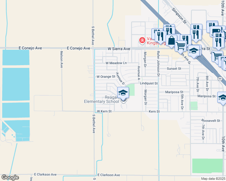 map of restaurants, bars, coffee shops, grocery stores, and more near 465 West Nevada Street in Kingsburg