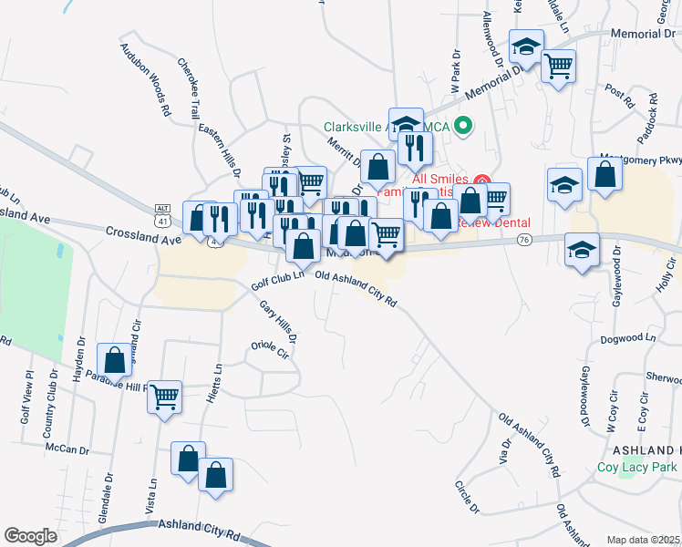 map of restaurants, bars, coffee shops, grocery stores, and more near 2121 Old Ashland City Road in Clarksville