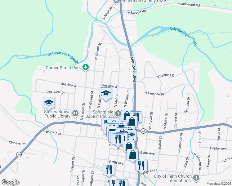 map of restaurants, bars, coffee shops, grocery stores, and more near 305 N Main St in Springfield