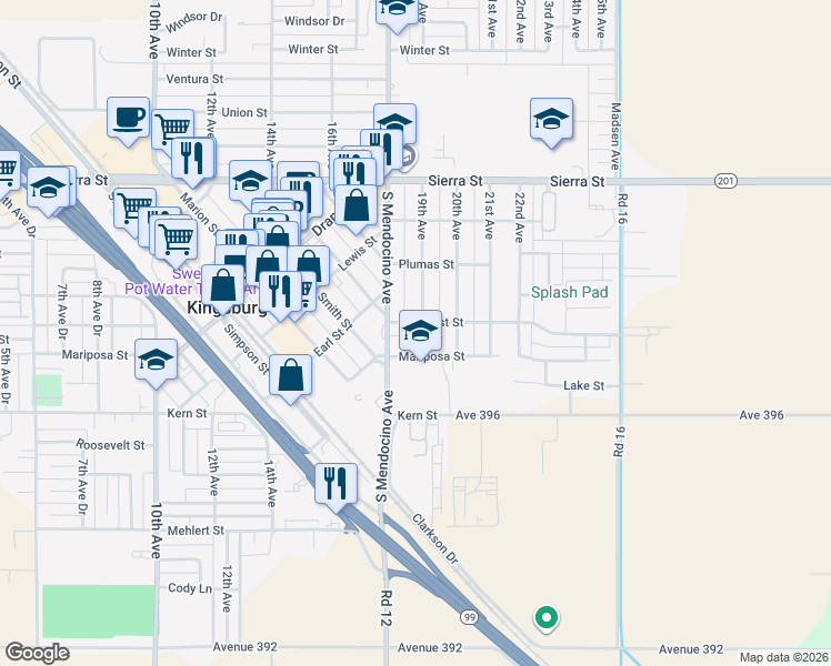 map of restaurants, bars, coffee shops, grocery stores, and more near 1361 19th Avenue in Kingsburg