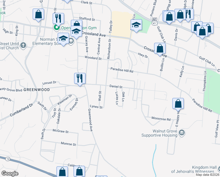 map of restaurants, bars, coffee shops, grocery stores, and more near 1226 Daniel Street in Clarksville