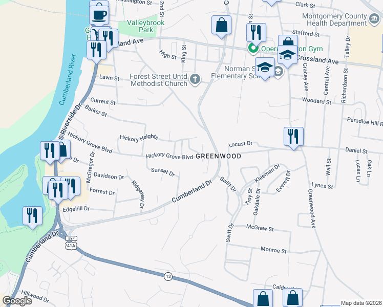 map of restaurants, bars, coffee shops, grocery stores, and more near 390 Hickory Grove Boulevard in Clarksville