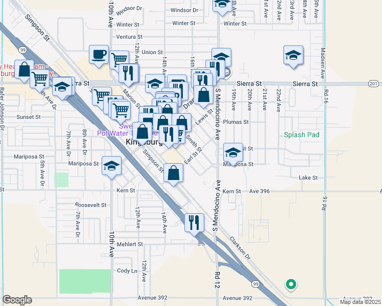 map of restaurants, bars, coffee shops, grocery stores, and more near 1433 Earl Street in Kingsburg