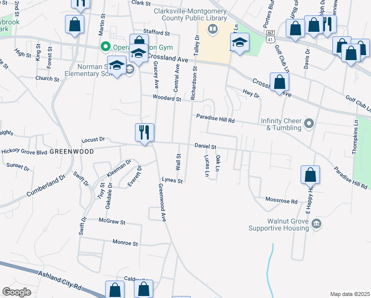 map of restaurants, bars, coffee shops, grocery stores, and more near 907 Wall Street in Clarksville