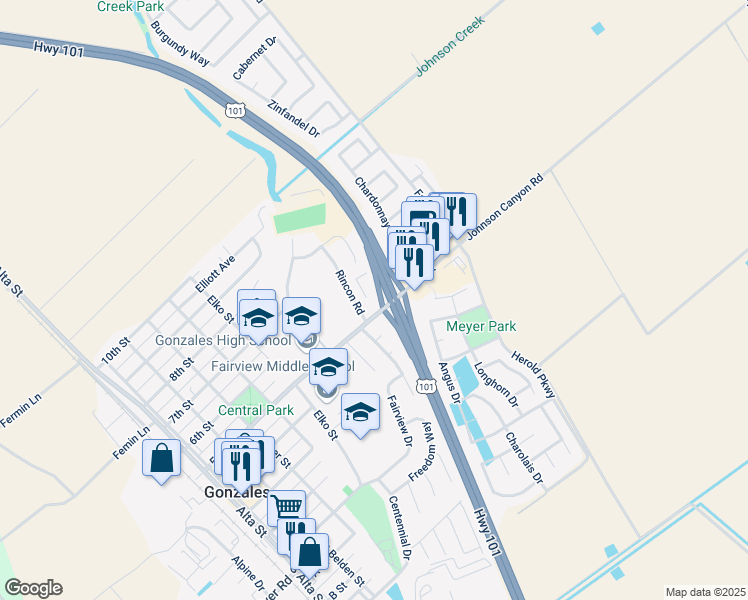 map of restaurants, bars, coffee shops, grocery stores, and more near 785 5th Street in Gonzales