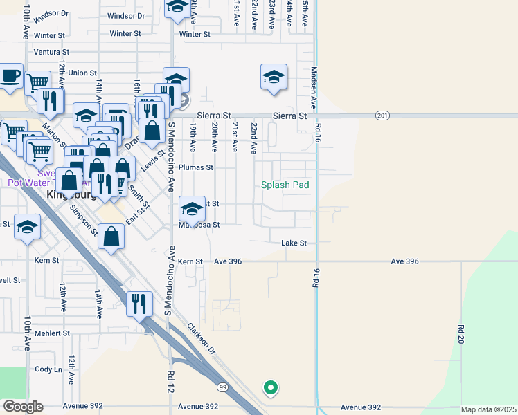 map of restaurants, bars, coffee shops, grocery stores, and more near 1364 22nd Avenue in Kingsburg