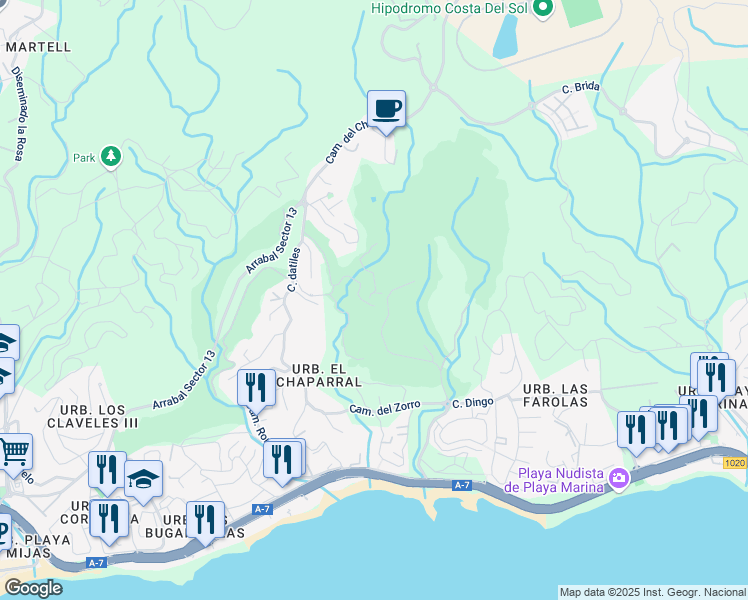 map of restaurants, bars, coffee shops, grocery stores, and more near 10 Avenida Carmen Werner in Las Lagunas de Mijas