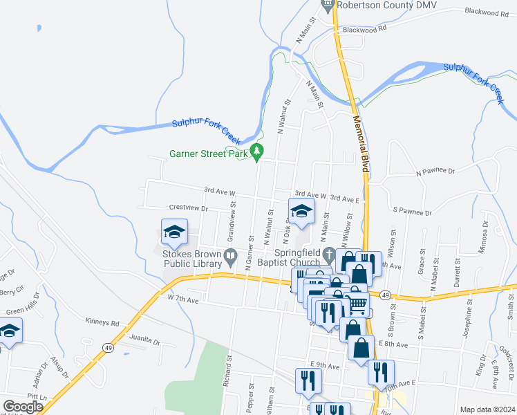 map of restaurants, bars, coffee shops, grocery stores, and more near 309 North Garner Street in Springfield