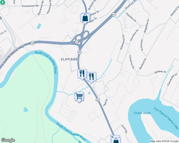 map of restaurants, bars, coffee shops, grocery stores, and more near 3025 Tennessee 36 in Kingsport