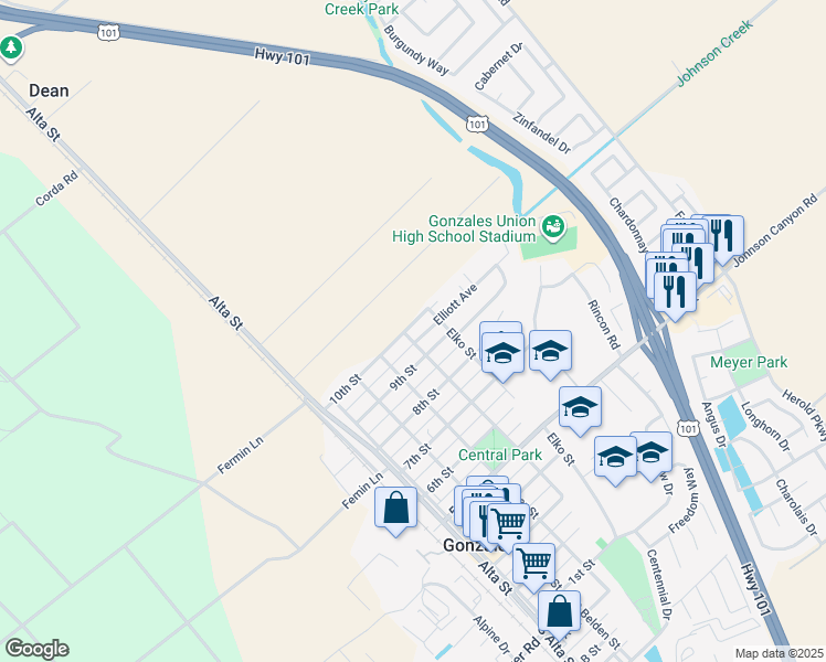 map of restaurants, bars, coffee shops, grocery stores, and more near 947 Day Street in Gonzales