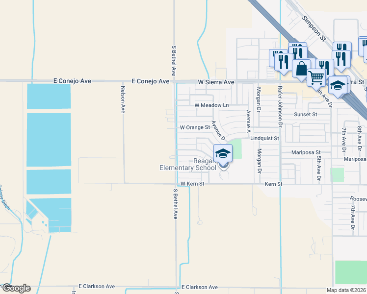 map of restaurants, bars, coffee shops, grocery stores, and more near 647 West Nevada Street in Kingsburg