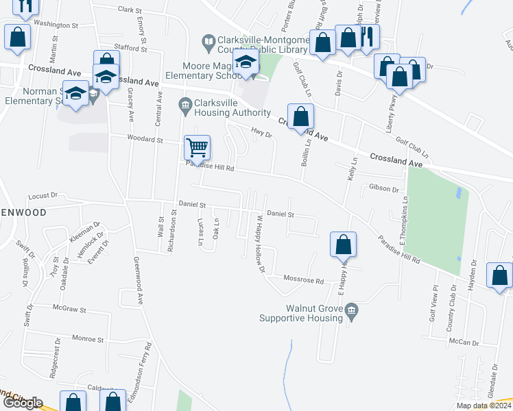 map of restaurants, bars, coffee shops, grocery stores, and more near 1317 Givens Lane in Clarksville