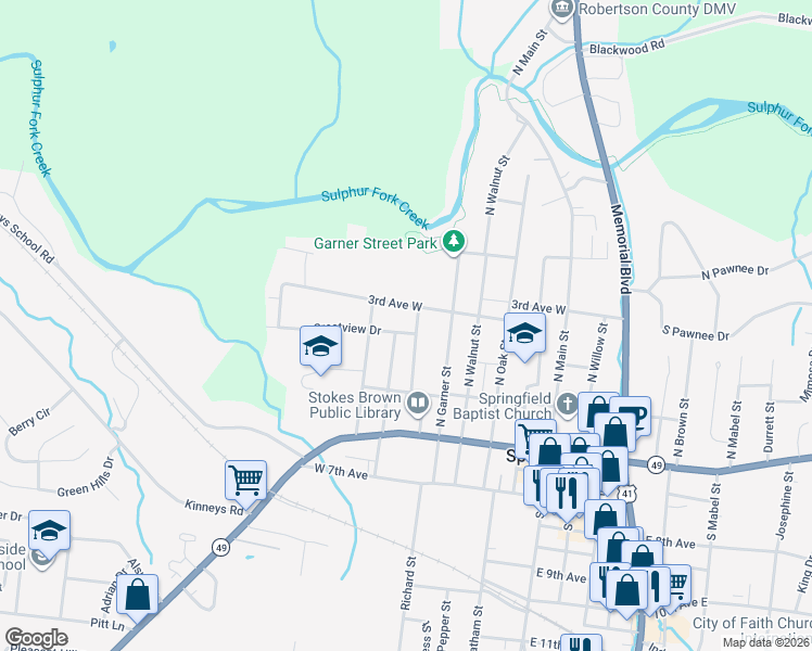 map of restaurants, bars, coffee shops, grocery stores, and more near 300 North Boren Street in Springfield