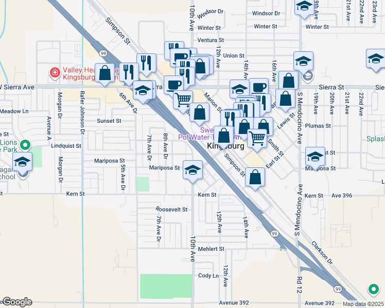 map of restaurants, bars, coffee shops, grocery stores, and more near 1080 Nevada Street in Kingsburg