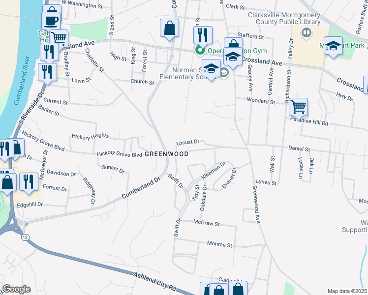 map of restaurants, bars, coffee shops, grocery stores, and more near 719 Woodmont Boulevard in Clarksville