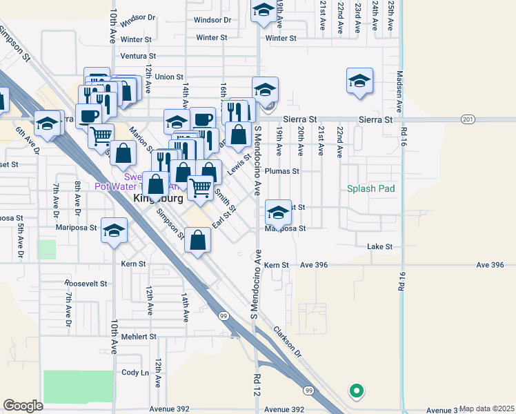 map of restaurants, bars, coffee shops, grocery stores, and more near 1801 Lindquist Street in Kingsburg