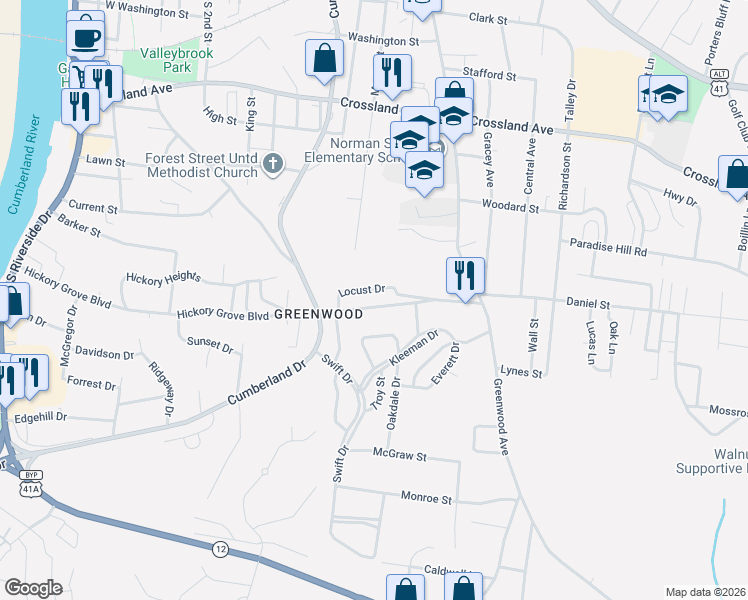 map of restaurants, bars, coffee shops, grocery stores, and more near 735 Woodmont Boulevard in Clarksville