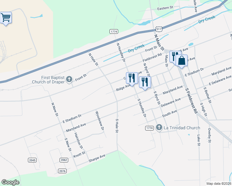 map of restaurants, bars, coffee shops, grocery stores, and more near 1207 State Road 1747 in Eden