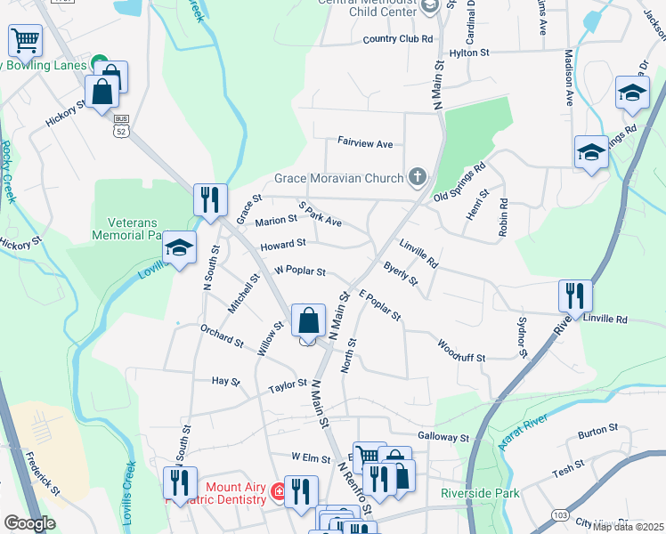 map of restaurants, bars, coffee shops, grocery stores, and more near 124 West Poplar Street in Mount Airy