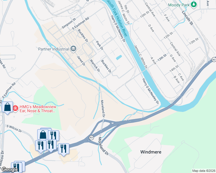 map of restaurants, bars, coffee shops, grocery stores, and more near 425 Moreland Drive in Kingsport