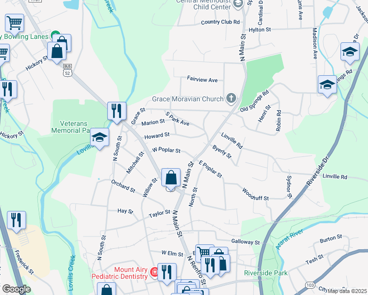 map of restaurants, bars, coffee shops, grocery stores, and more near 124 West Poplar Street in Mount Airy