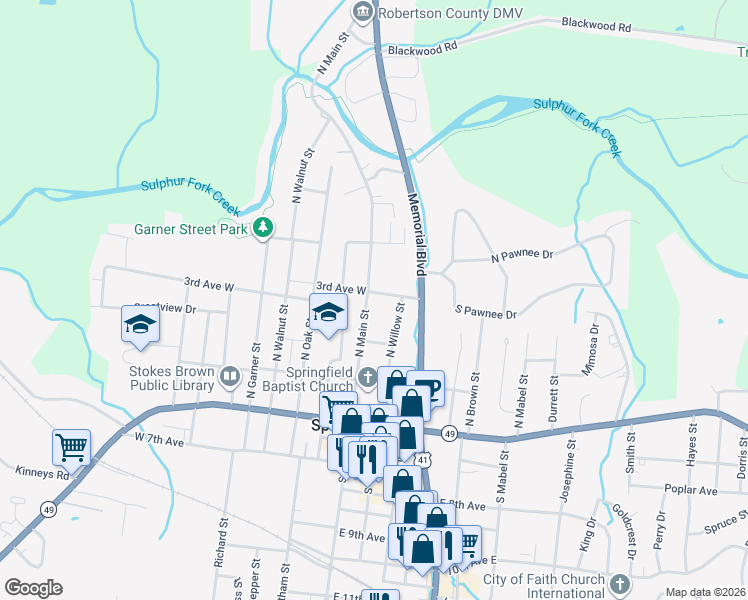 map of restaurants, bars, coffee shops, grocery stores, and more near 305 North Main Street in Springfield