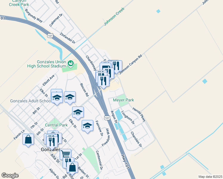 map of restaurants, bars, coffee shops, grocery stores, and more near 743 Holstein Way in Gonzales