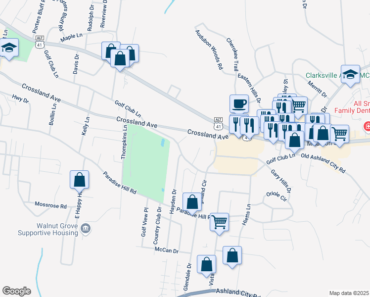 map of restaurants, bars, coffee shops, grocery stores, and more near 1004 Colonial Court in Clarksville
