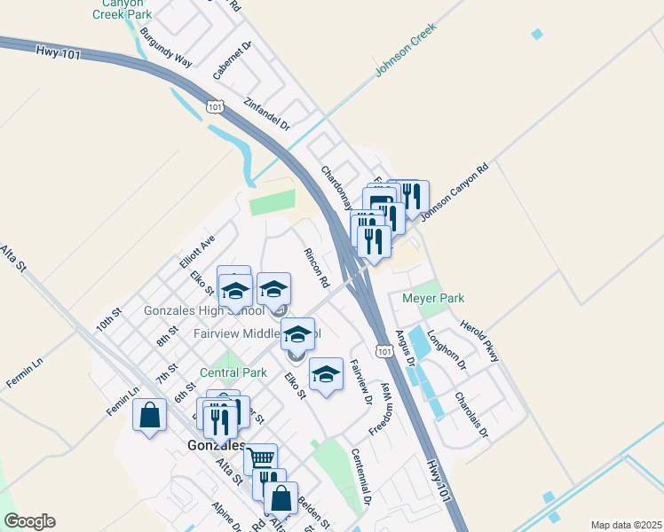 map of restaurants, bars, coffee shops, grocery stores, and more near 785 5th Street in Gonzales