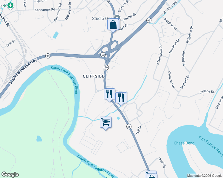 map of restaurants, bars, coffee shops, grocery stores, and more near 3025 Tennessee 36 in Kingsport