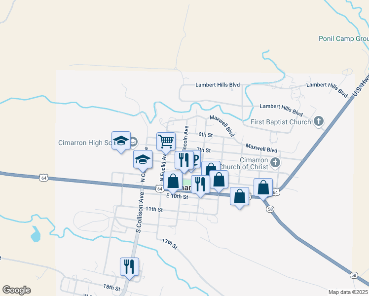 map of restaurants, bars, coffee shops, grocery stores, and more near 301 North Lincoln Avenue in Cimarron
