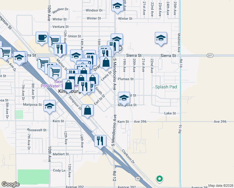 map of restaurants, bars, coffee shops, grocery stores, and more near 1361 19th Avenue in Kingsburg