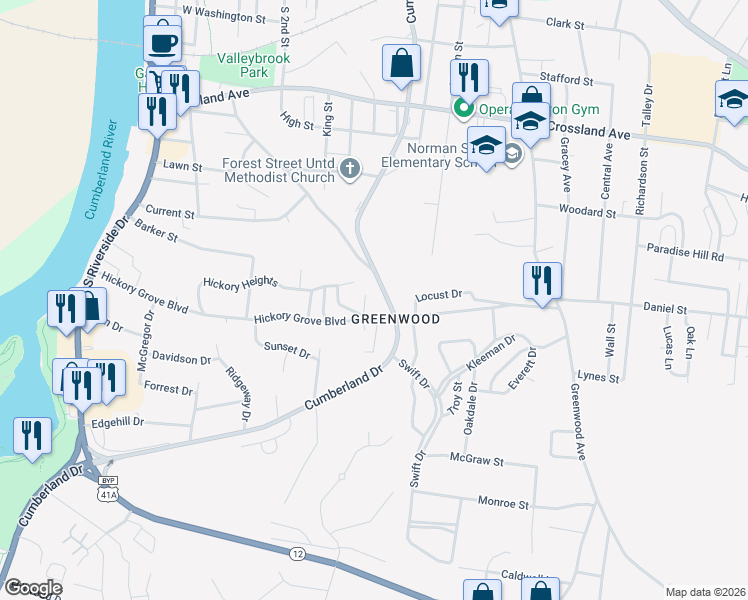 map of restaurants, bars, coffee shops, grocery stores, and more near 420 Hickory Grove Boulevard in Clarksville