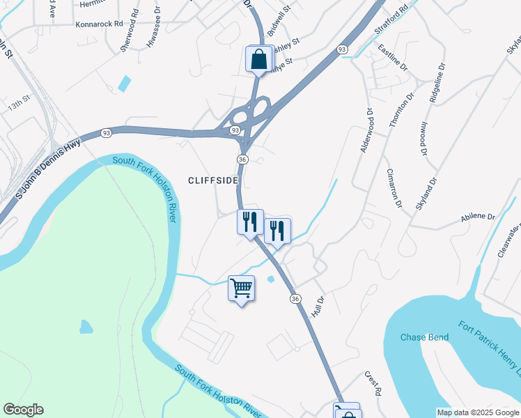 map of restaurants, bars, coffee shops, grocery stores, and more near 103 Gables Place in Kingsport