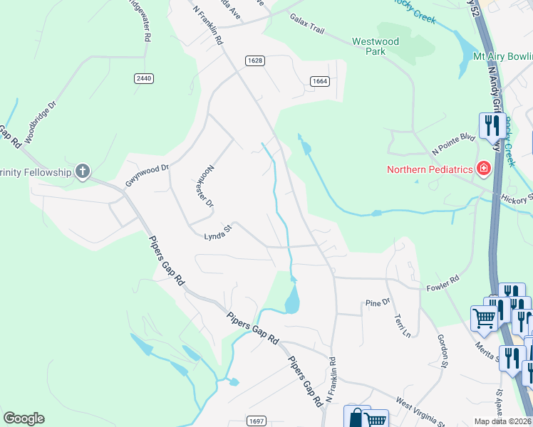 map of restaurants, bars, coffee shops, grocery stores, and more near 197 Simmons Street in Mount Airy