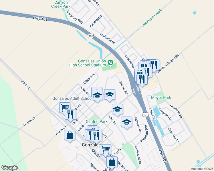 map of restaurants, bars, coffee shops, grocery stores, and more near 508 Del Monte Drive in Gonzales
