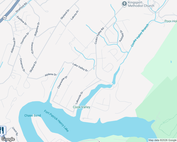 map of restaurants, bars, coffee shops, grocery stores, and more near 3843 Lake Valley Drive in Kingsport